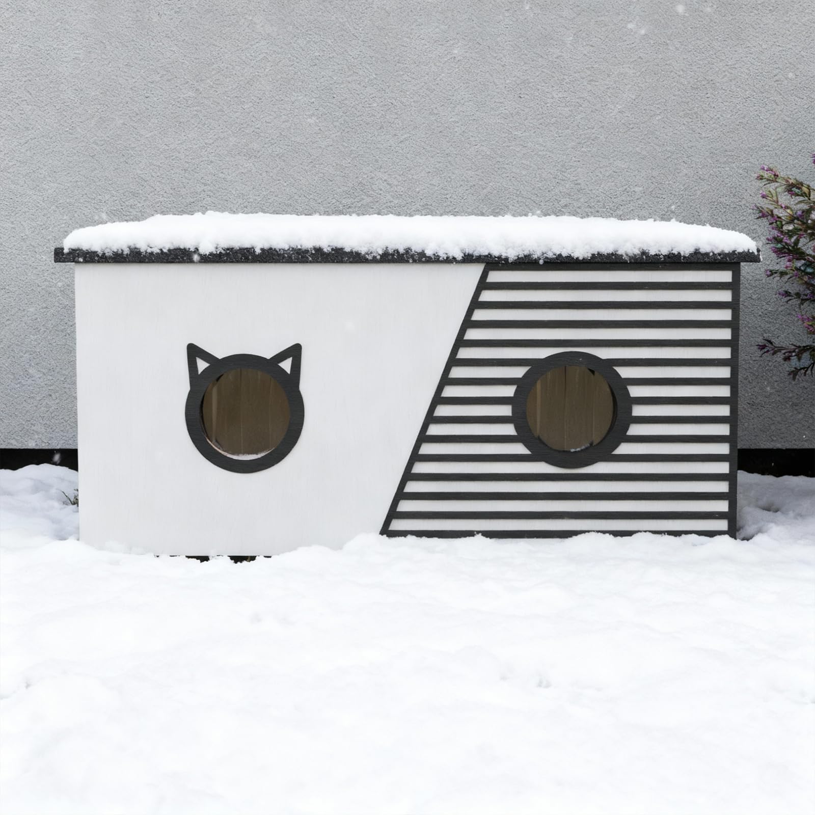 QLS Casetta per gatti XXL, 85 x 45 x 37,5 cm, resistente alle intemperie e isolata con tenda protettiva, tetto apribile e fondo OSB, per fino a 4 gatti all'aperto (bianco)