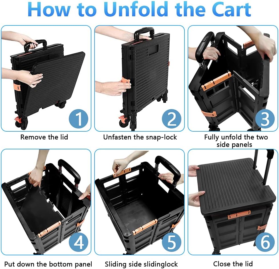 Utility Cart Folding Portable Rolling Crate Handcart with Lid Durable Heavy Duty Plastic Telescoping Handle Collapsible 360 Degree Rotate Wheels for Travel Shopping Moving Luggage Office Use,Black