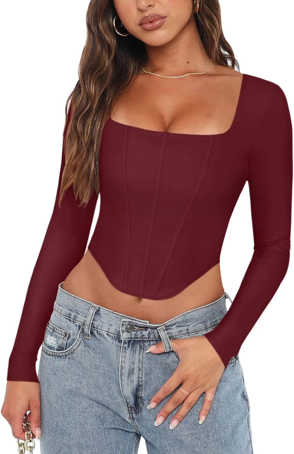REORIA Womens Sexy Square Neck Long Sleeve Backless Going Out Boned Bustier Corset Crop Tops