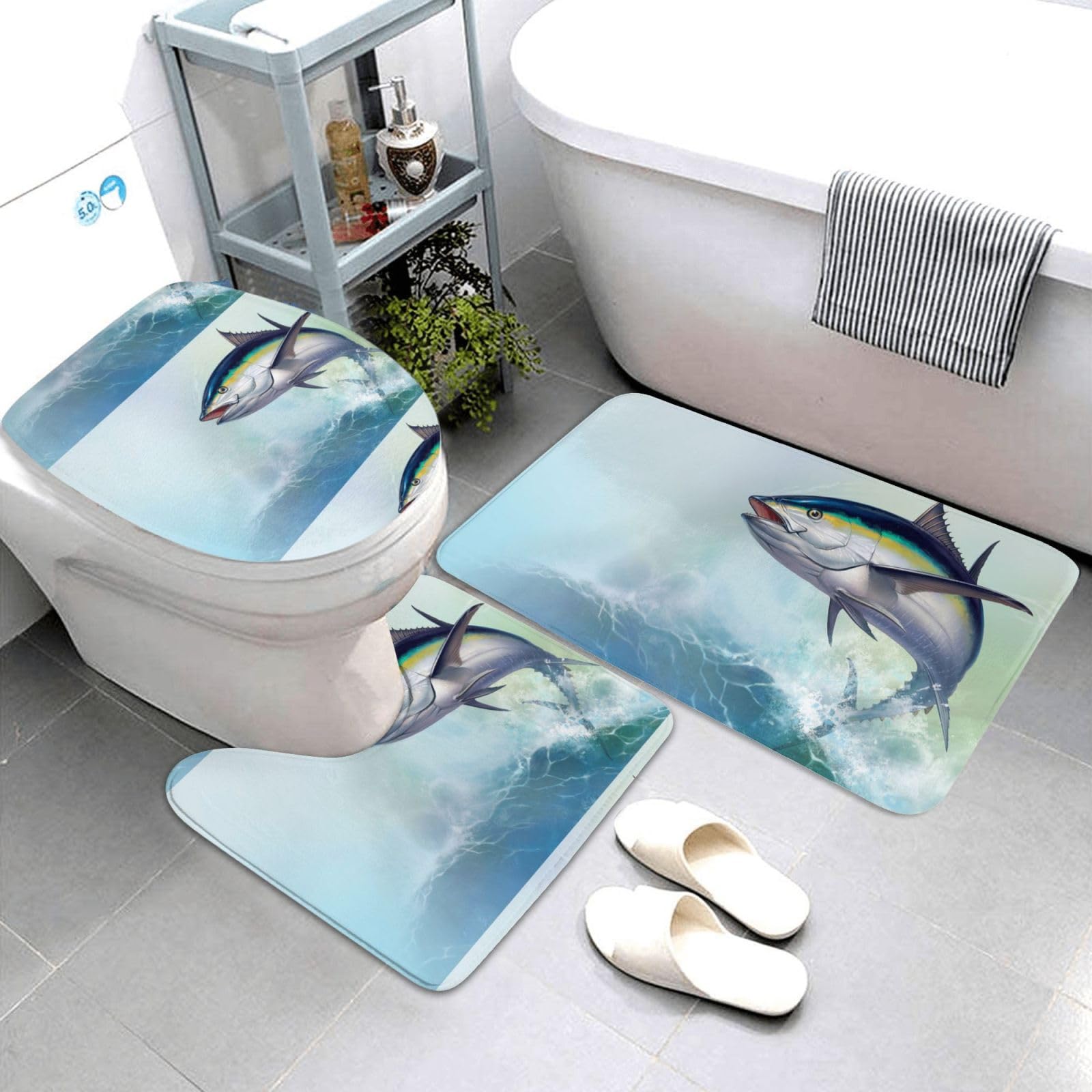 Tapis de Bain 3 pièces, antidérapants, Tapis de Sol de Salle de Bain lavables et absorbants,Thon Rouge océan