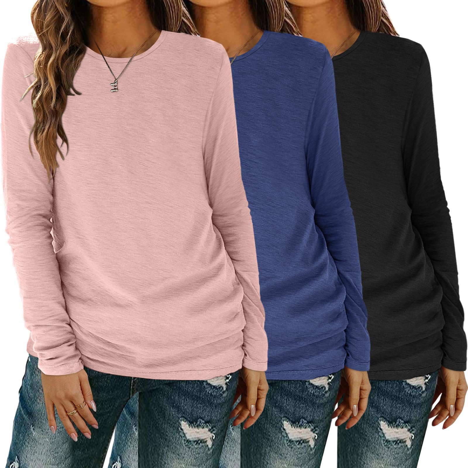 YGOODM Langarmshirt Damen, Casual Tshirt Fashion Oberteile Rundhalsausschnitt Tops Basic Lässige Longshirt