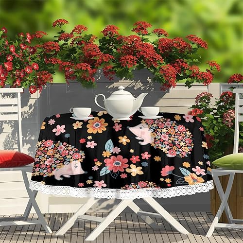 Miniatura 3 de Mantel redondo de poliéster resistente a las manchas, diseño de erizos, flores florales, de 60 pulgadas, para comedor, cocina, fiesta, vacaciones,