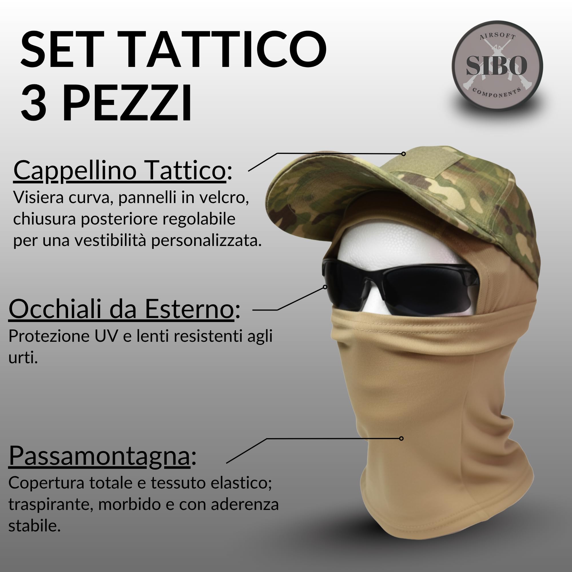 Sibo - Set Outdoor (3 Pezzi): Berretto tattico con Velcro + Occhiali Outdoor + Balaclava Elastico e Traspirante per Airsoft, Paintball, Caccia, Trekking, Ciclismo, Running, Sci