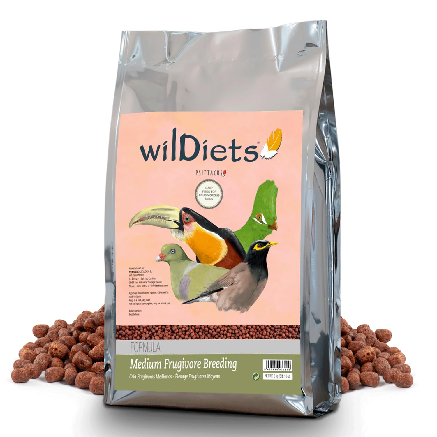 Psittacus Medium Frugivore Breeding 6.6 lb | Low-Iron Breeding Pellet Diet for Medium Sized Fruit Eating Softbills Toucans Mynahs Turacos | Premium Food for Birds, 100% no-GMO