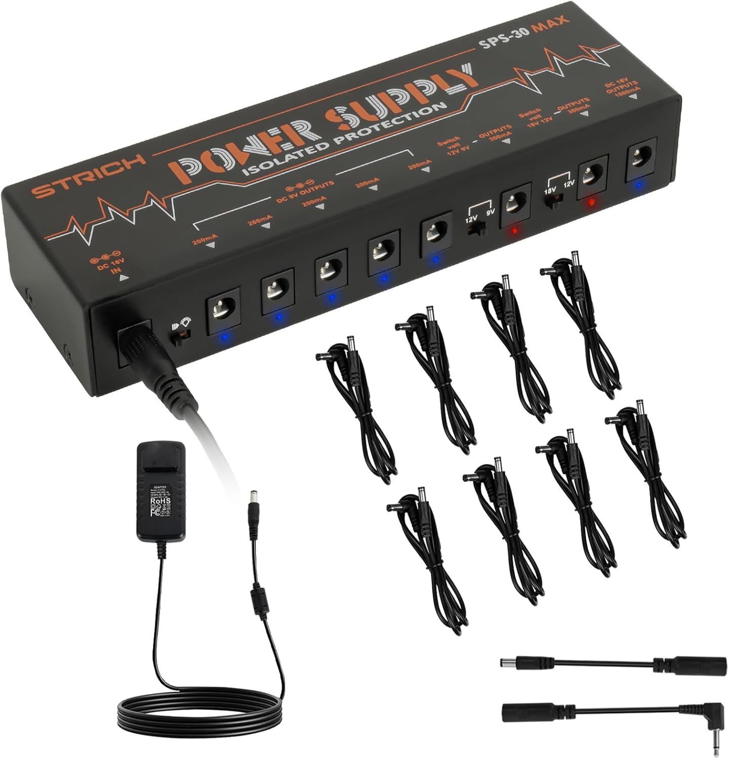 STRICH Guitar Pedal High Power Supply, Pedalboard Power Supply with 8 Totally Independent DC 9V/12V/18V Outputs(200mA/300mA/1000mA) for Power-hungry Effect Pedal, SPS-30 MAX
