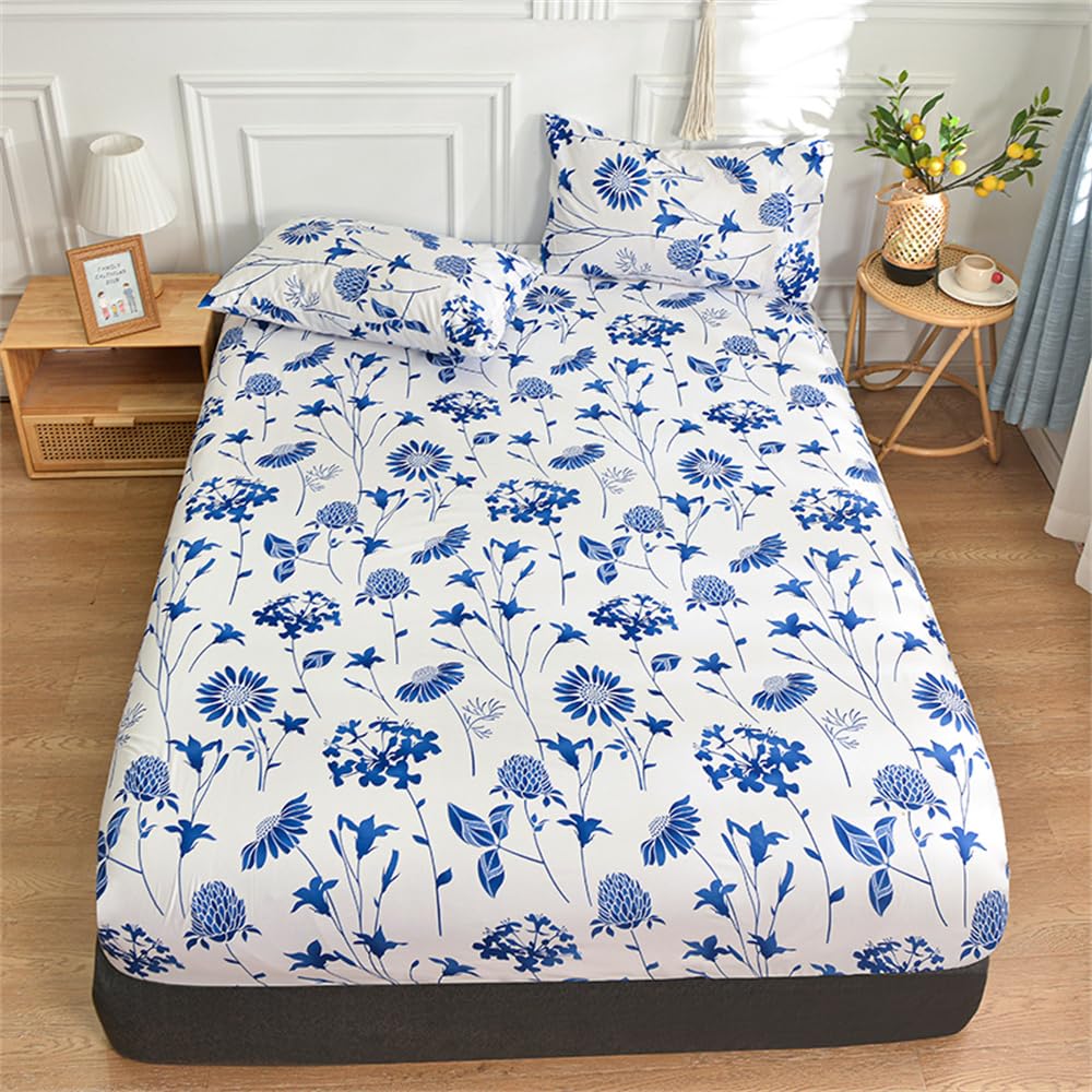Mateju Floral Printed Fitted Sheets, Microfiber Fitted Bed Sheets Soft Breathable Fade Resistant Bedding with Extra Deep Pocket 25 cm (Blue Daisy, Small Double)