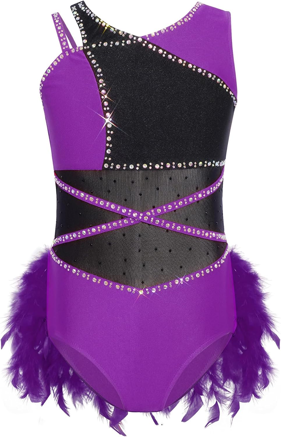 ACSUSS Kids Girls Ballroom Latin Jazz Dance Feather Skirted Leotard Sleeveless Rhinestone Ballet Dance Bodysuit