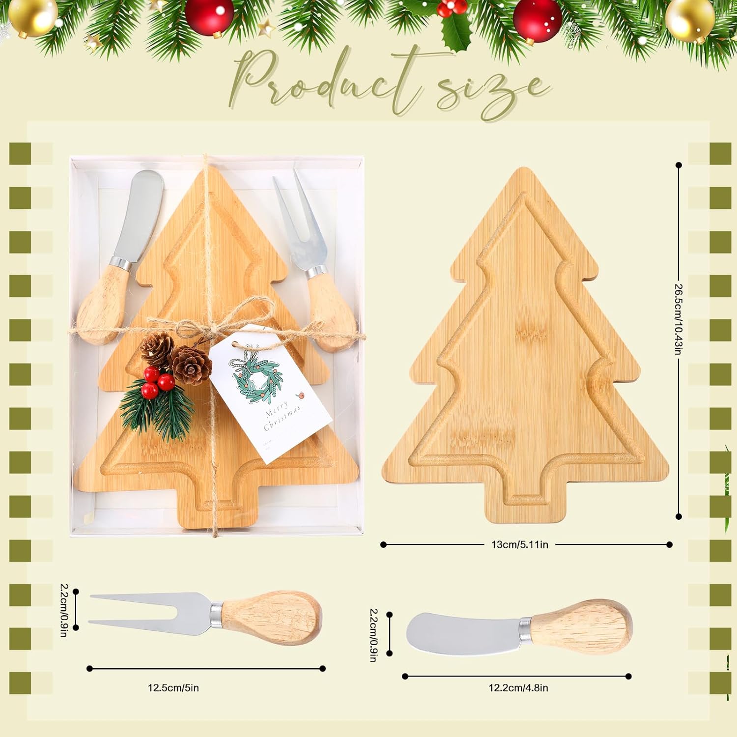 LemonRoad 12 Set Christmas Tree Tray Gifts Bulk Bamboo Cheese Board Knives Forks Thank You Card and Pine Branches with Box Christmas Party Gifts for Friends Colleagues Family