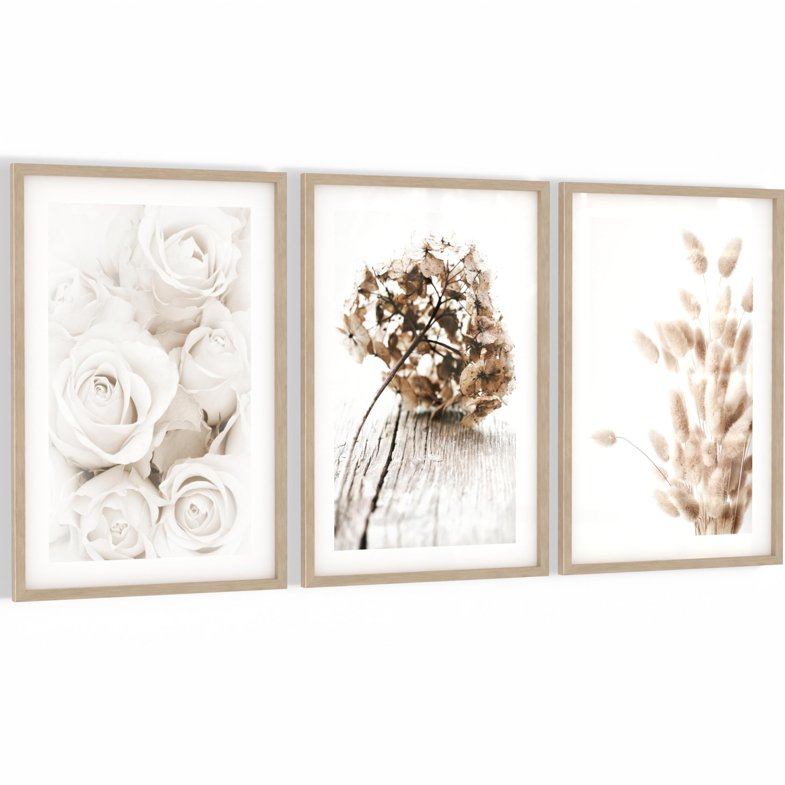 Novart Wandbilder mit Rahmen Boho - Wohnzimmer Schlafzimmer Wanddeko - 3 Bilder Set Beige - N123136aR1