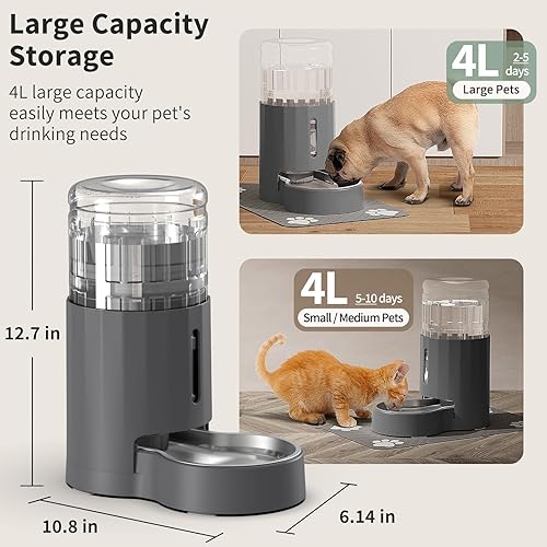 Miniatura 3 de Dispensador de agua para gatos con alfombrilla y cuenco de acero inoxidable, dispensador automático de agua por gravedad para gatos o perros Negro