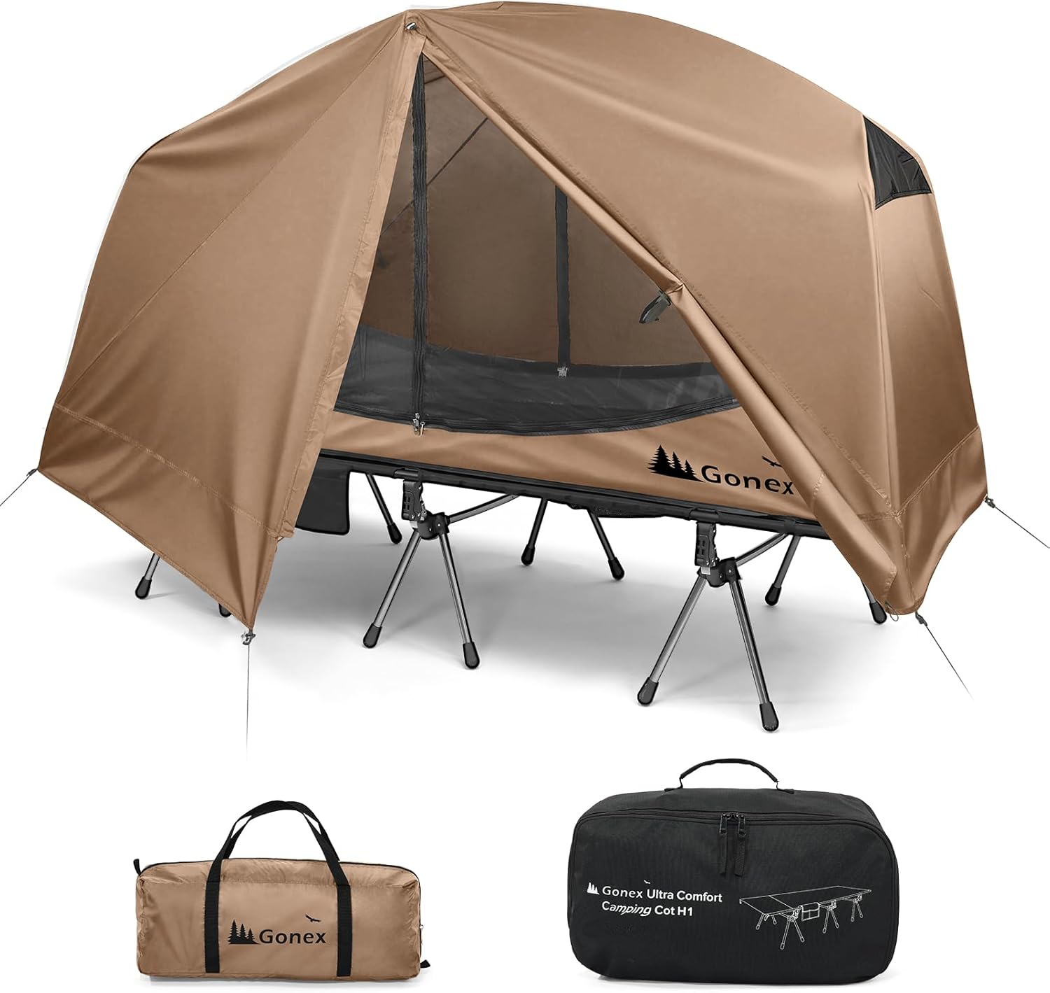 Gonex Camping Tent Cot for Adults, 1-Person Off-Ground Folding Portable Easy Set-up Tent Cot Combo Supports 350lbs for Hiking, Backpacking, Car & Motorcycle Camping(31.5" W X 78.7" L)-Khaki