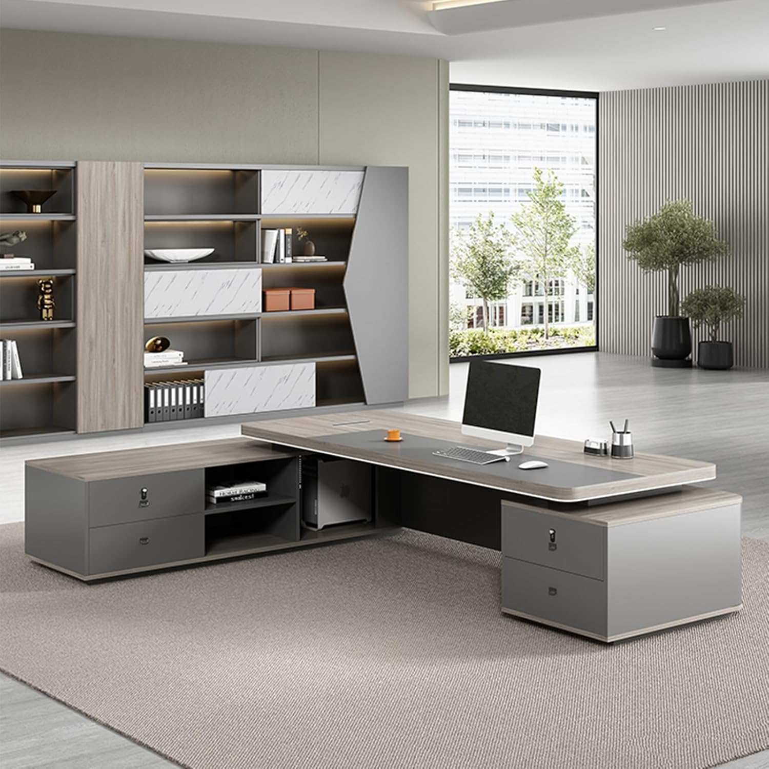 Grey L Shaped Solid Wood Executive Office Desk Computer Desk with File Drawers Writing Study Table Business Furniture Set for CEO Boss