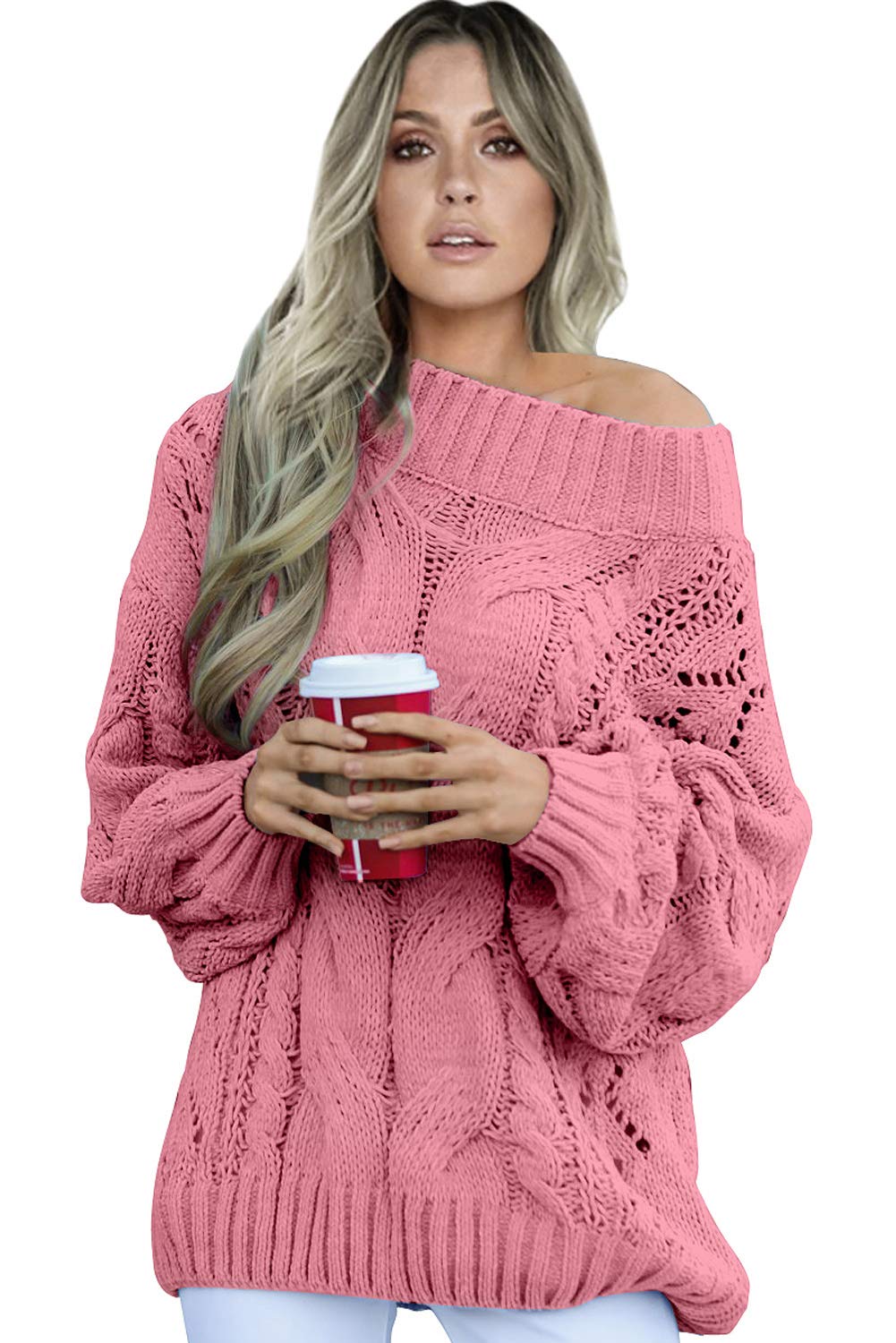 ITBCLOVE Women's Oversized Loose Ribbed Cable Sweater Knitted Pullover Long Sleeve Outwear Solid Color Jumper Tops Pink