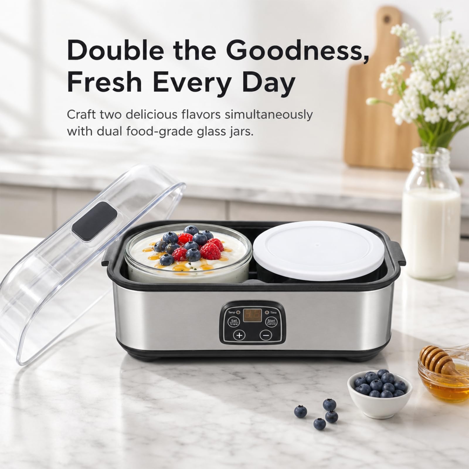 Macchina automatica per yogurt e yogurt, 2000 ml, yogurt maker con 2 contenitori in vetro, temperatura regolabile e timer da 48 ore, per yogurt fai da te, yogurt biologico, formaggio, natto
