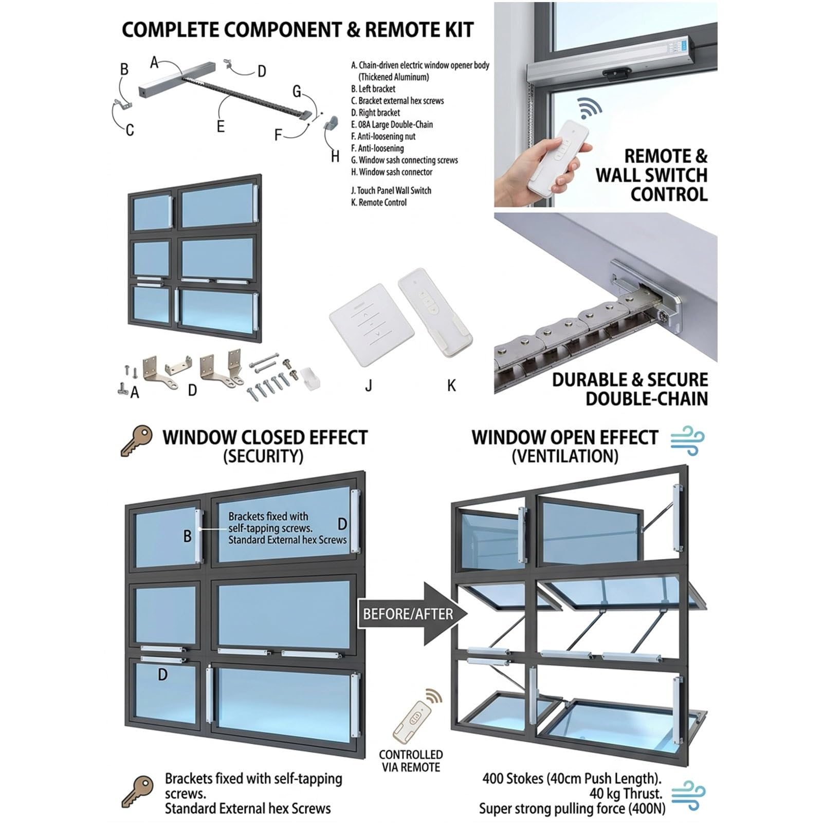 Accionamiento De Abre-Ventanas EléCtrico, Doble Cadena/Bajo Nivel De Ruido, Fuerza De Bloqueo De 400N Recorrido De 300 A 1000 mm,para claraboyas,ventilación automática(200mm Travel)