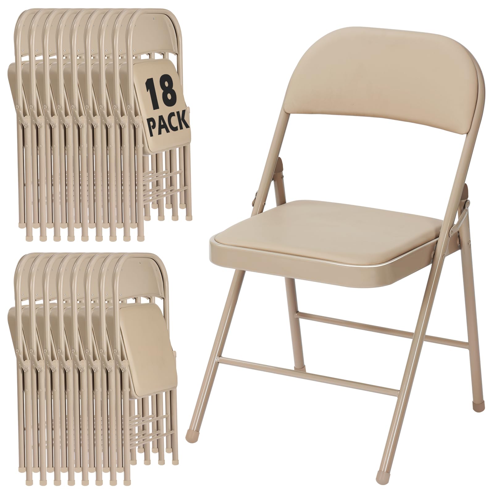 18 Pack Khaki Padded Folding Chairs with Metal Frame