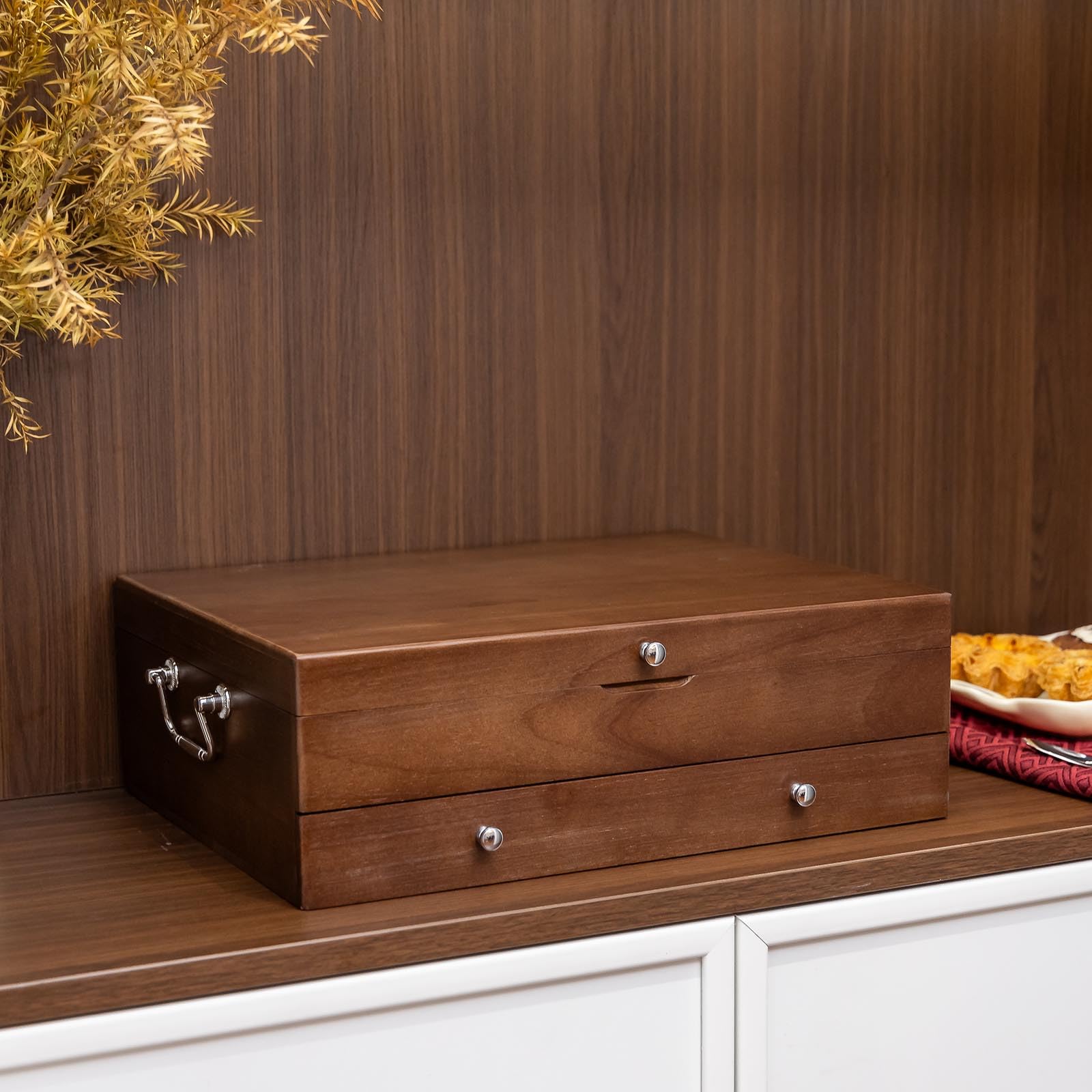 Besteck-Aufbewahrungsbox mit Deckel, doppellagig, Besteck-Aufbewahrungsbox mit Griff, Bestecktruhe für Silber, Besteck-Boxen für Besteck-Organizer, Bestecktruhe ohne Besteck