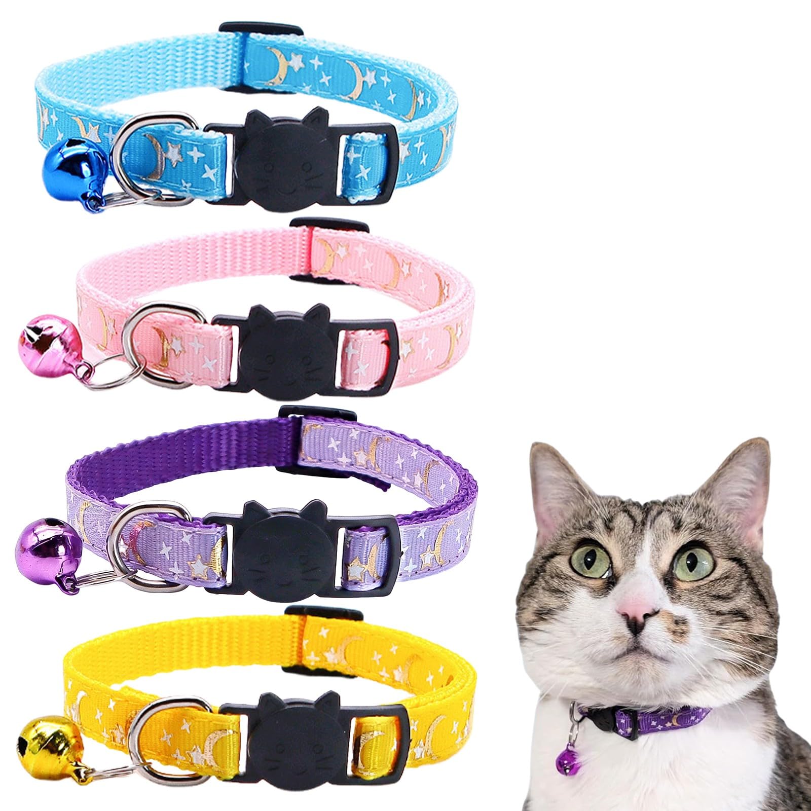 Pack de 4 Collar Gato Antiahogo con Cascabel y Cierre de Seguridad Ajustable Collar para Gato y Gatitos con Diseño de Estrella y Luna Coleira Gato para Casa
