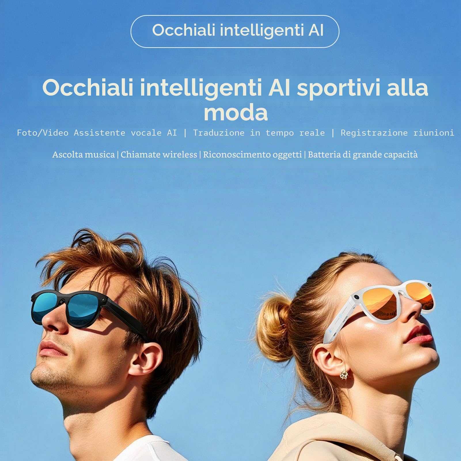 Tosuny Occhiali Intelligenti AI, Fotocamera da 2 MP Anti-vibrazione Registrazione Video 1080P Traduzione Multilingue, con Lenti Blu con Cornice Nera, per Riunioni di Lavoro di Viaggio