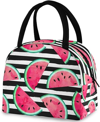 ZzWwR Bolsa de almuerzo reutilizable a rayas rojas sandía con bolsillo frontal con cierre de cremallera, bolsa térmica aislada para la escuela,