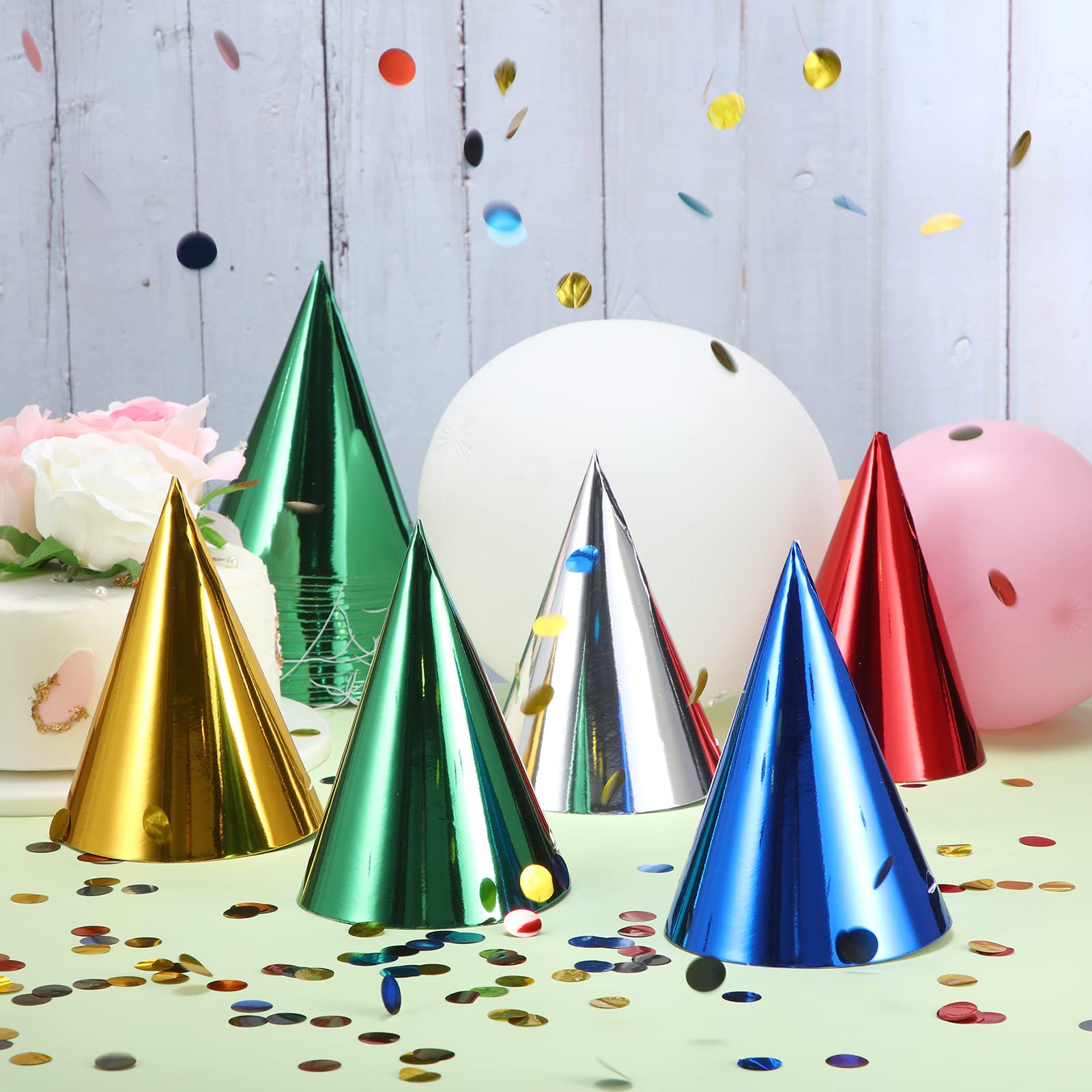 200 Pcs Birthday Party Hats Metallic Cone Bulk Multicolor Paper Hat with Elastic String for Youth Adults Pets, Gold, Silver, Red, Blue and Green