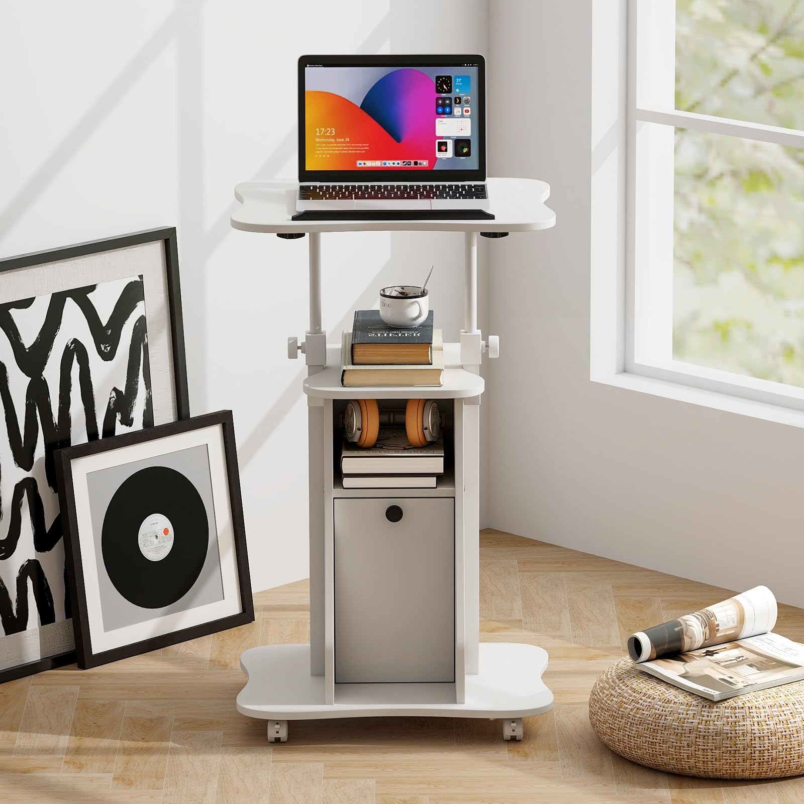 GYMAX Podium Roulant pour Ordinateur, Pupitre Plateau Inclinable 180°, Hauteur Réglable, Compartiments de Rangement, roulettes Verrouillables, Bureau Assis-Debout pour Maison, Bureau, École (Blanc)