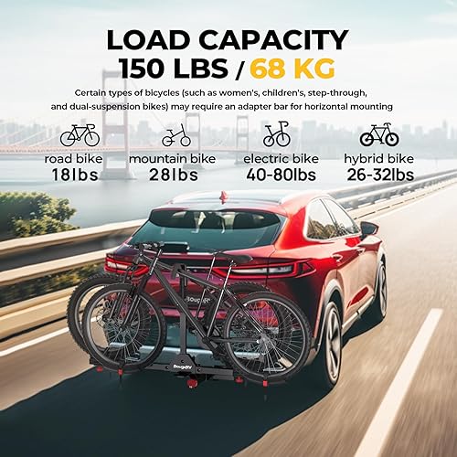 Miniatura 7 de BougeRV Soporte de plataforma para bicicleta de 2 pulgadas con doble bloqueo para SUV camión, apto para 2 bicicletas, soporte para bicicleta de