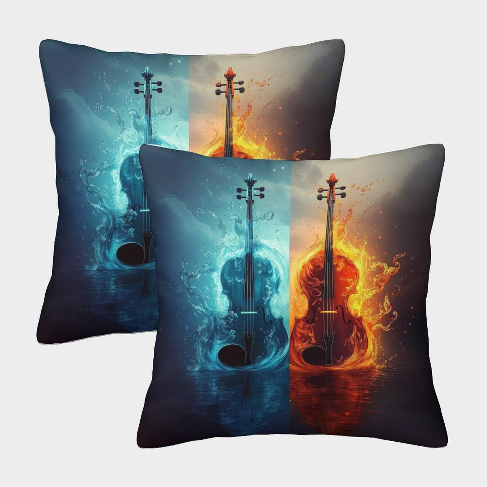 QFVANSIYO 3D Printed Violin Flame Blue Microfiber Pillowcase Bedroom Decor Music Pillow Cover Soft for Adult Teen 45x45cm