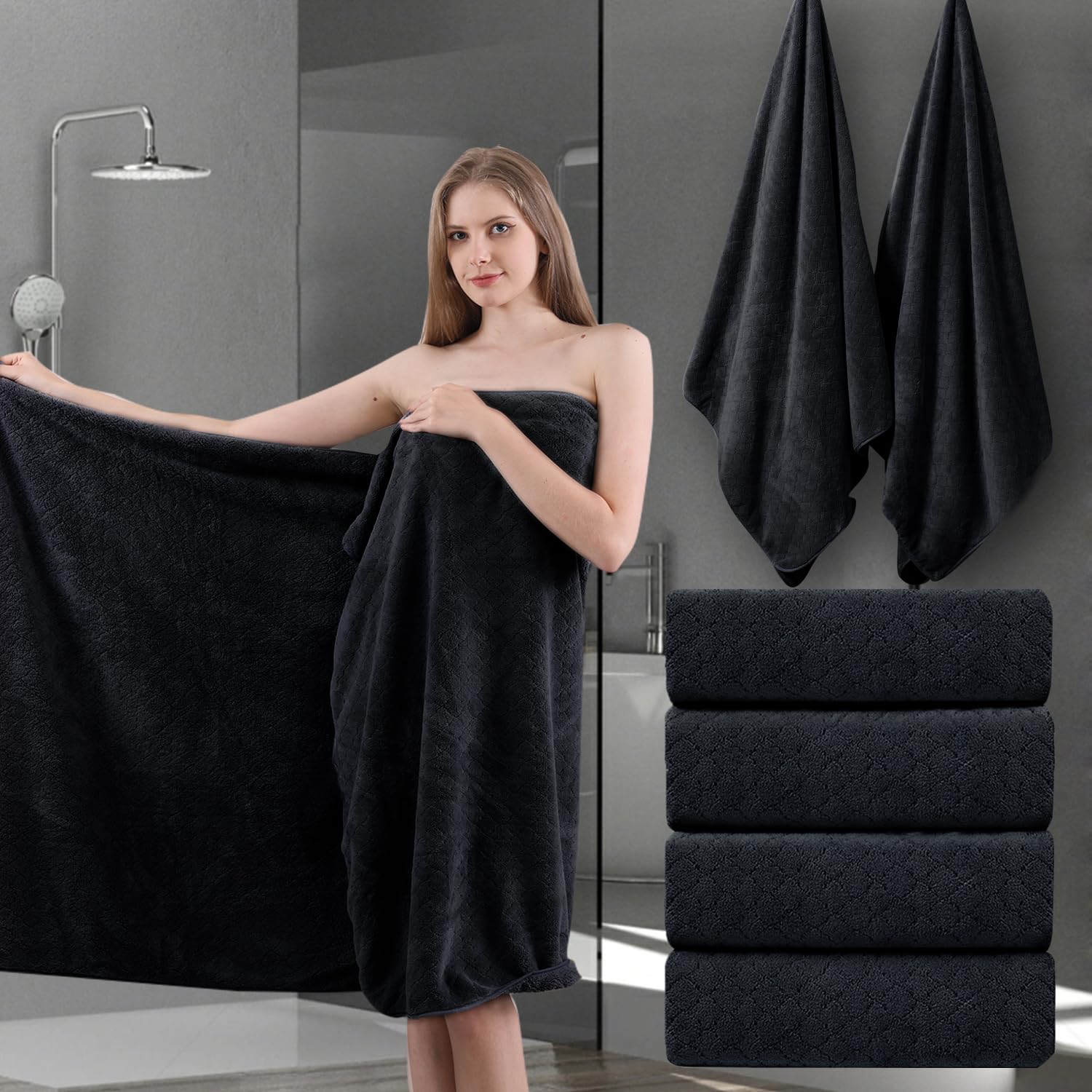 Ycosy Black Bath Towels Set 35x70 Inches - Luxury 600 GSM Oversized Bath Sheet Towel,Extra Large Microfiber - Quick Dry,Highly Absorbent,Super Soft
