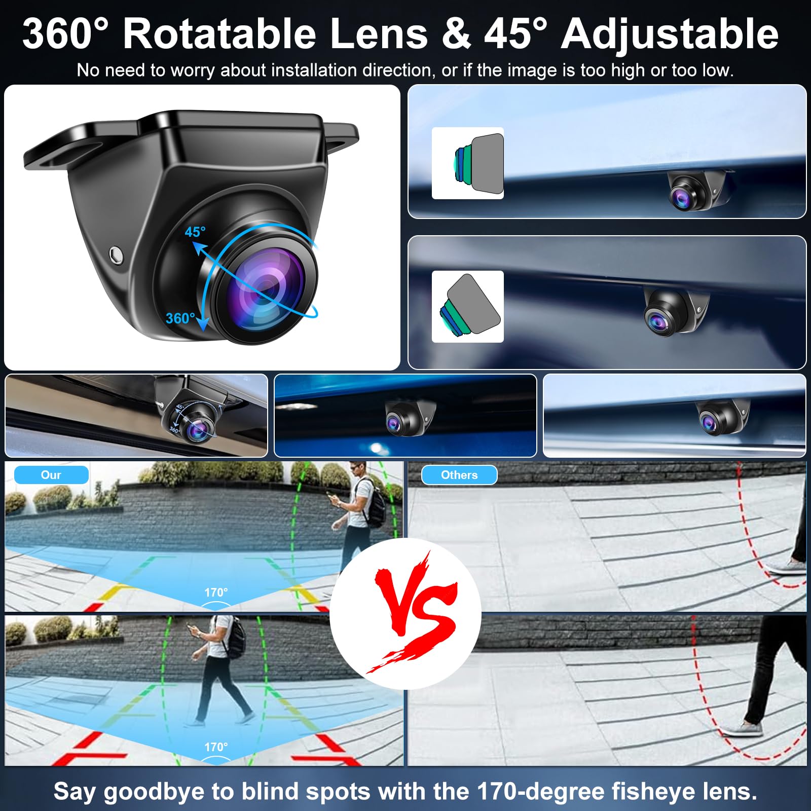 OBEST Camara Marcha Atrás Coche 1080P AHD CVBS Cámara Trasera Coche | Camara Aparcamiento Coche Metal Rotar 360° Visión Nocturna, Gran Angular 170 para Auto Furgoneta Camion Universal 12V