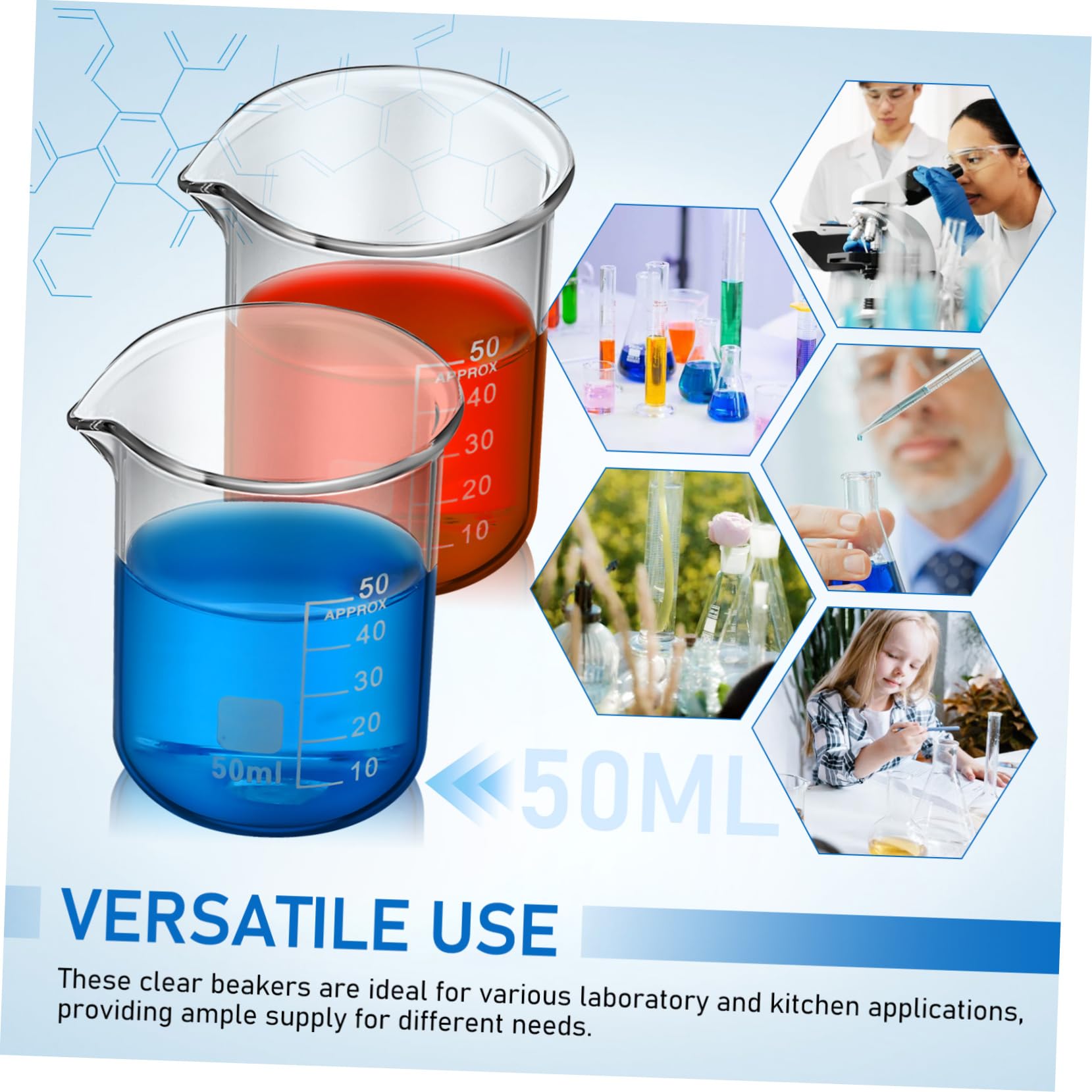 Vasos de Precipitados de Vidrio Graduado 50 Ml Transparentes sin Asa 20 Unidades, Vasos Medidores Resistentes al Calor para Laboratorio y Cocina, Cristalería Científica Precisa