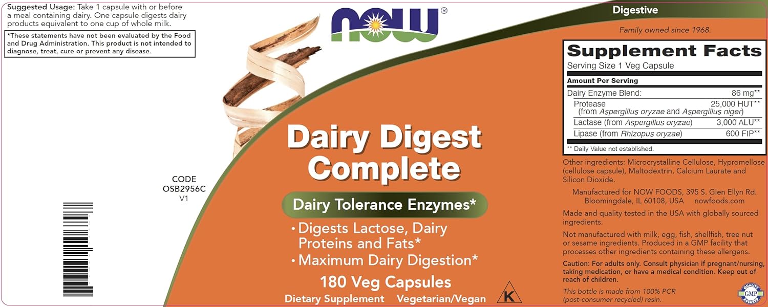Now Dairy Digest Complete, 180 Veg Capsules, Lactose Digestion Support, Dairy Tolerance Enzymes - Image 4