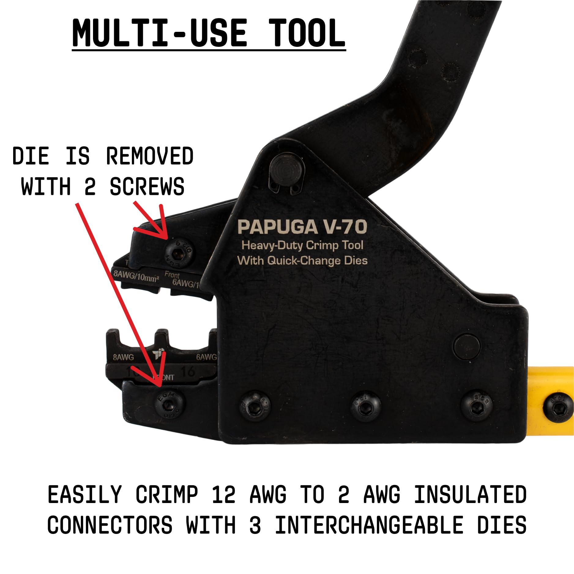 Papuga V-70 - Pinza crimpatrice per connettori elettrici isolati da 12-2 AWG (6-25 mm²), stampi intercambiabili, strumento di crimpatura per terminali a 2 mani per anelli, forcella, testa, terminali a