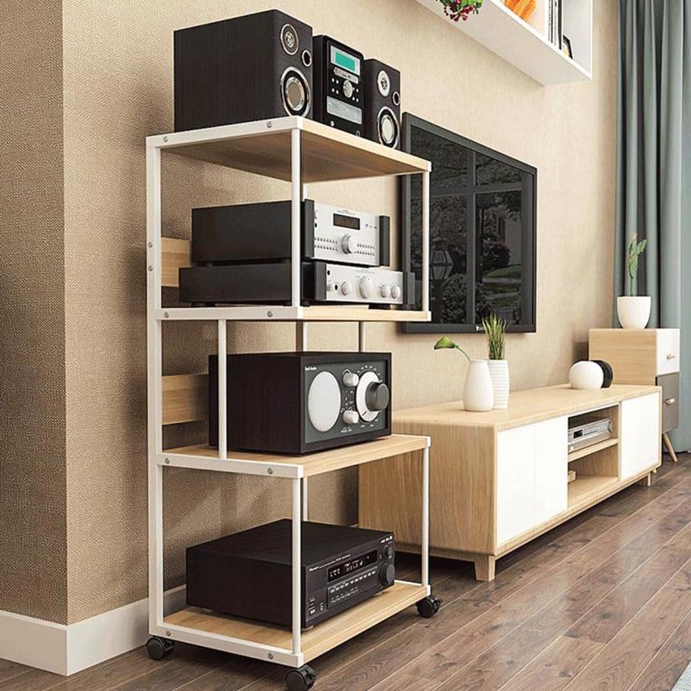 4-poziomowa przenośna szafka HiFi AV z półką narożną, uchwyt na wzmacniacz i płytę winylową, nowoczesny design, czarny, wytrzymały, wysokość 100 cm.
