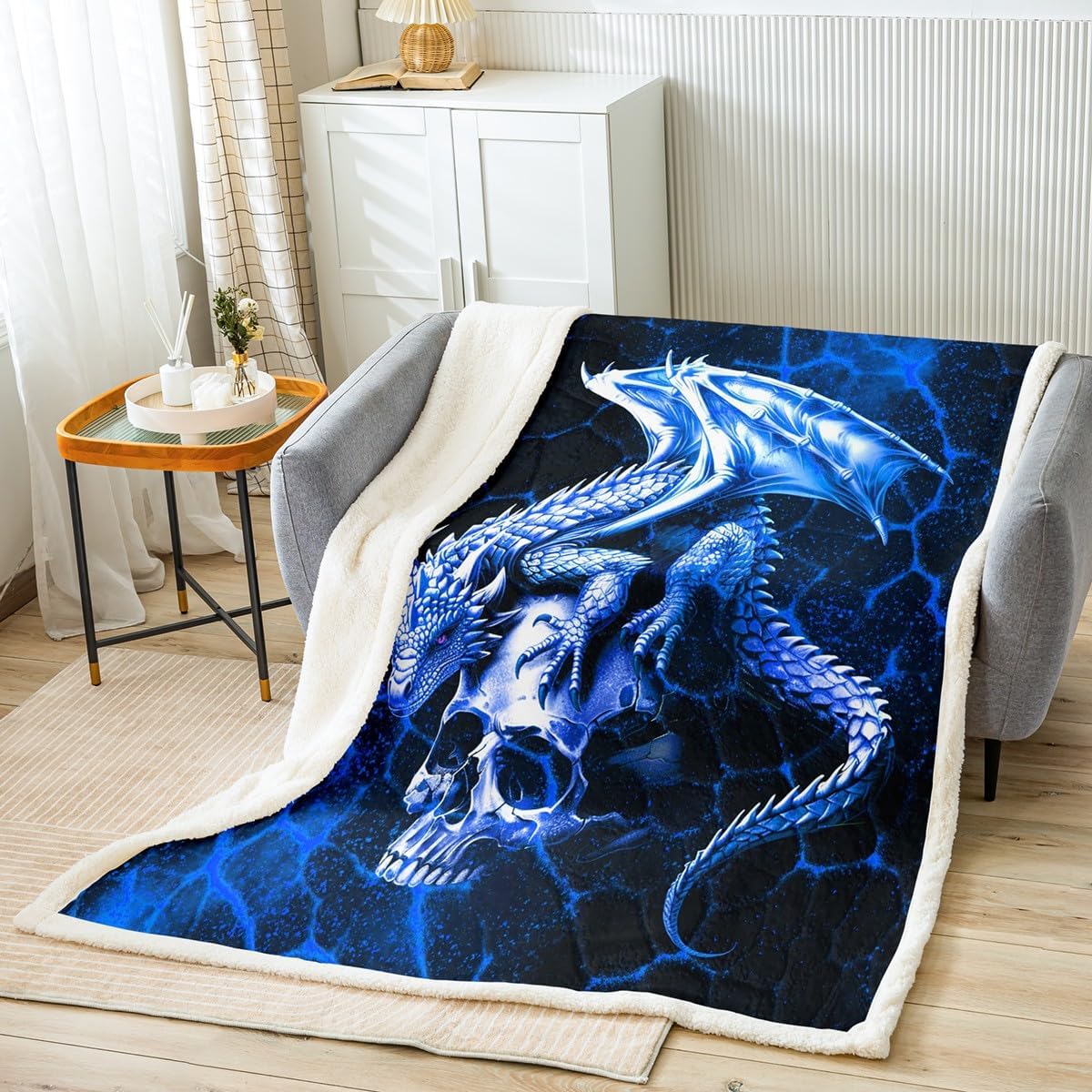 Feelyou Dragon Fleece Throw Blanket Twin 60"x80" Kids Blue and Black Plush Blanket for Boys Teens Sugar Skull Sherpa Blanket Honeycomb Dragon Wild Animal Fuzzy Blanket Room Decor
