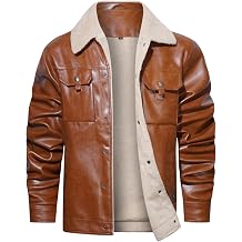 Mens Faux Leather Sherpa Lined Trucker Jacket Collar Winter Warm Coats Multi Pocket