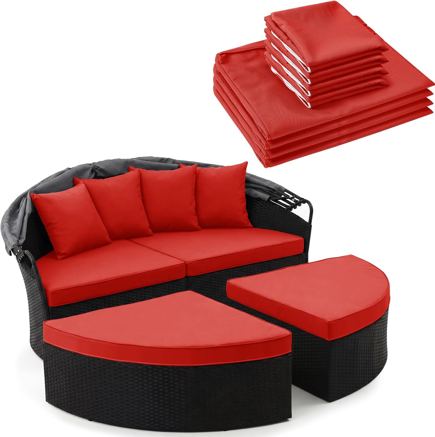 66" Round Outdoor Daybed Cushion Cover Set, 8 Pcs Patio Daybed Cushion Covers with Pillow Covers, Fan Shaped Replacement Slipcovers for Patio Garden Furniture(Red)