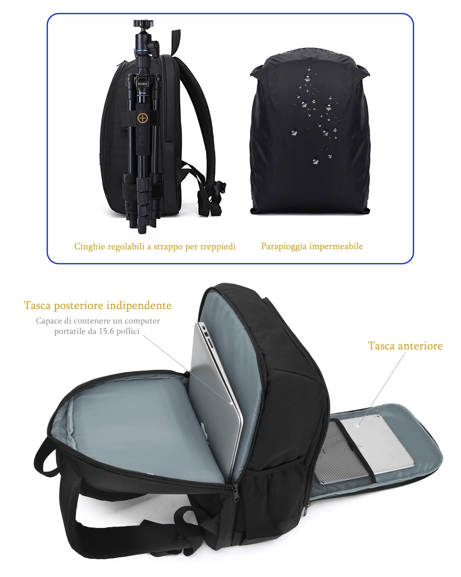 Zaino Fotografico Professionale per Reflex, 45x30x20cm, Borsa Fotografica Imbottita Impermeabile Grande per Fotocamera 3-4 Obiettivi, Laptop fino 15.6" (Nero-grigio)