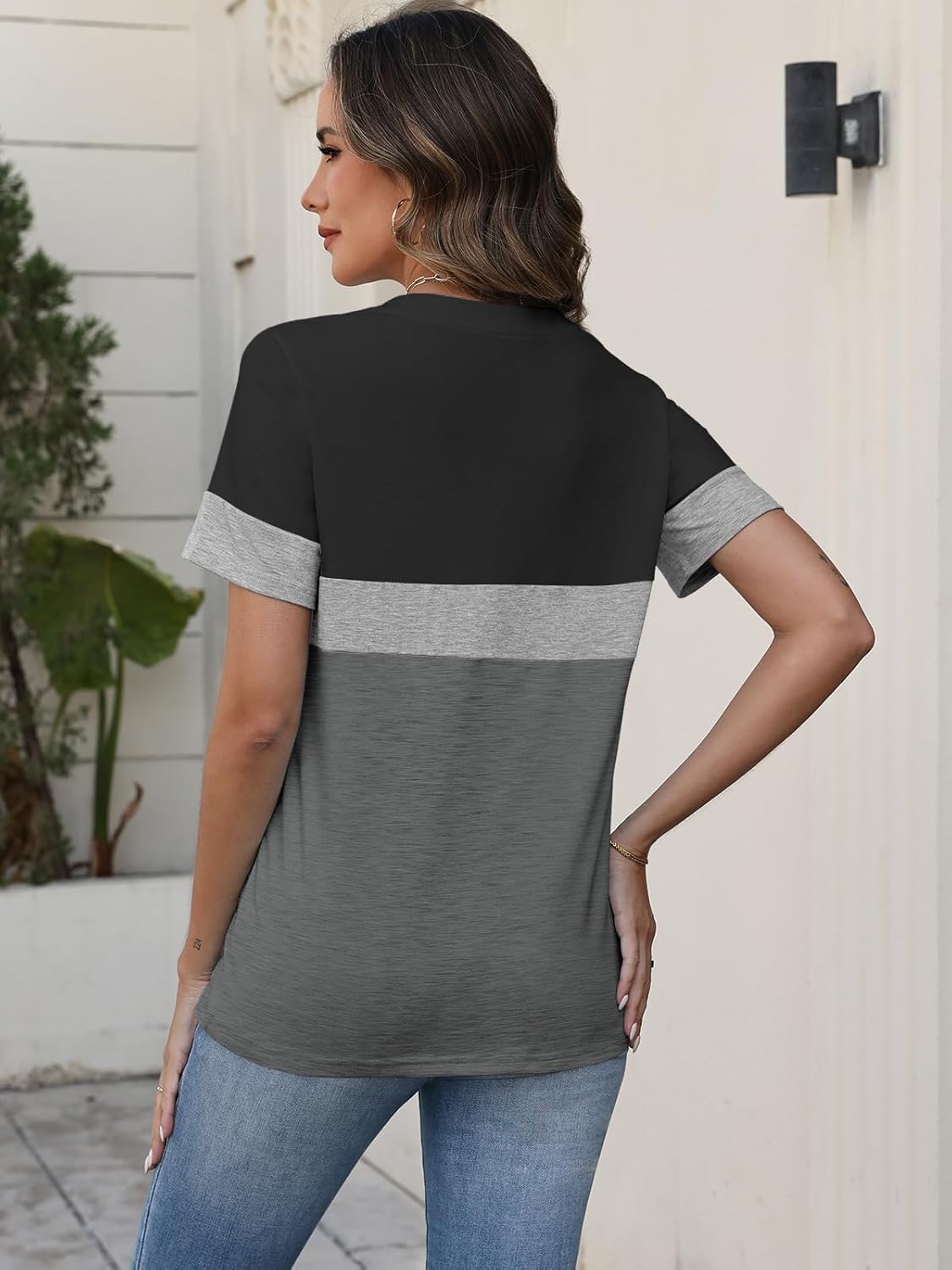 Women's V Neck Short Sleeve Shirts Casual Color Block Tops Summer Basic Tees Fashion Clothes Outfits - Image 4