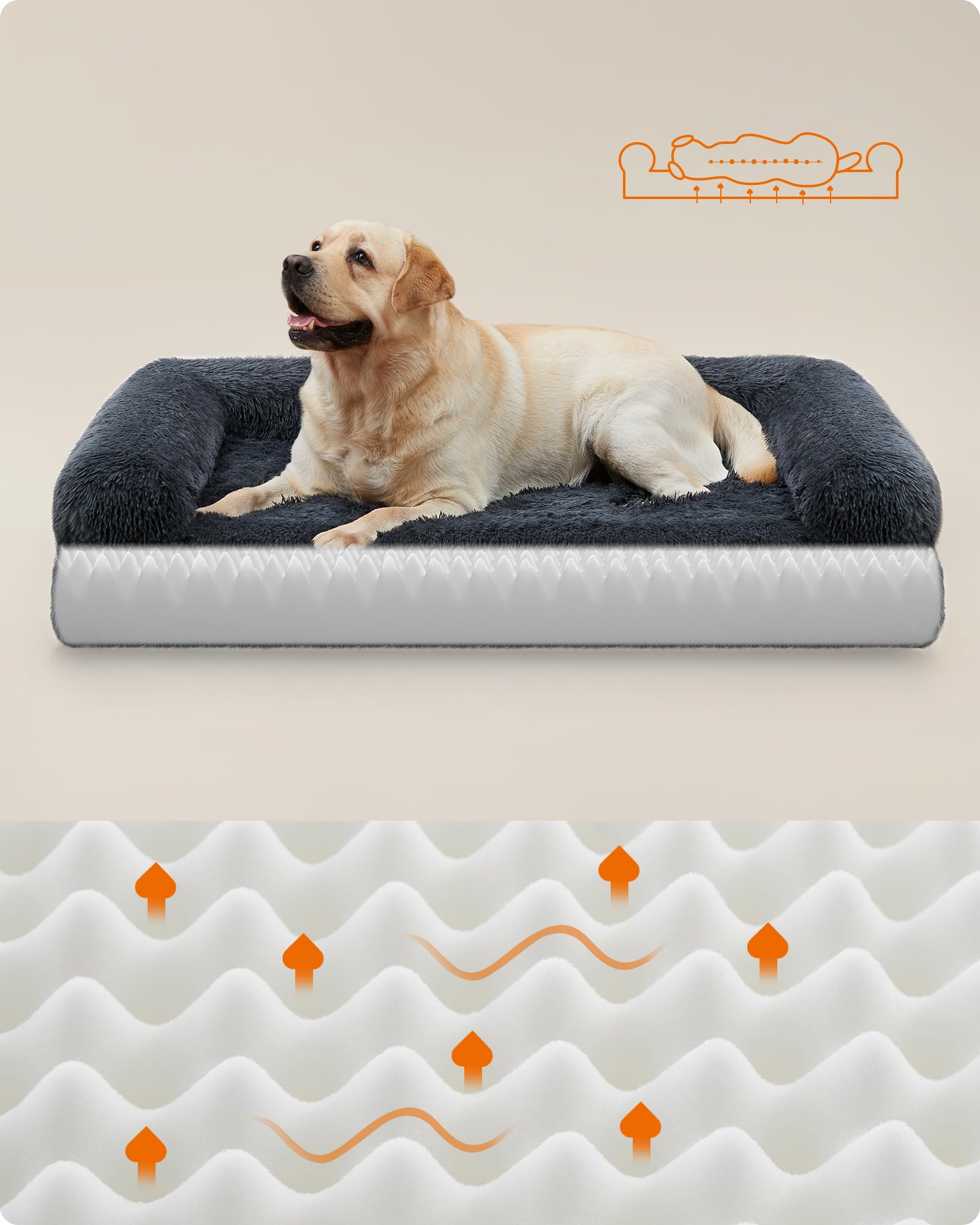 Feandrea FluffyHug Cuccia per Cani, Taglia XXL, Divano Letto per Cani di Taglia Grande, di Gommapiuma Ondulata, Copertura Lavabile Sfoderabile, 122 x 85 x 24 cm, Grigio Scuro PGW234G02