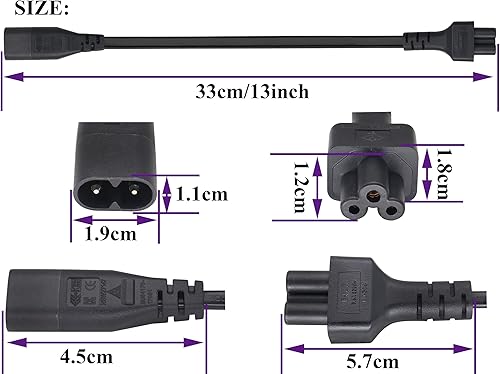 Miniatura 2 de Paquete de 2 cables de CA C14 a C5, 10A 125V IEC 3 polos macho a Mickey Mouse adaptador de corriente hembra de 3 polos, convertidor de CA C5 a C14