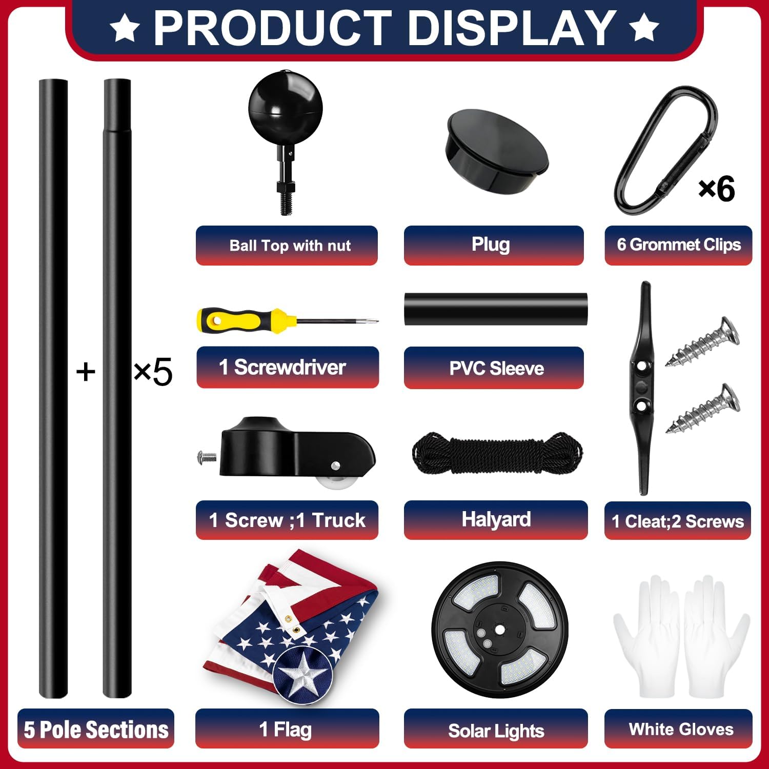 XIFAN Flag Pole Kit with Solar Light, 25 FT 12 Gauge Heavy Duty Aluminum Flagpole in Ground for Outside House, with 128 LEDs Solar Powered Light, Spun American Flag, Residential or Commercial, Black