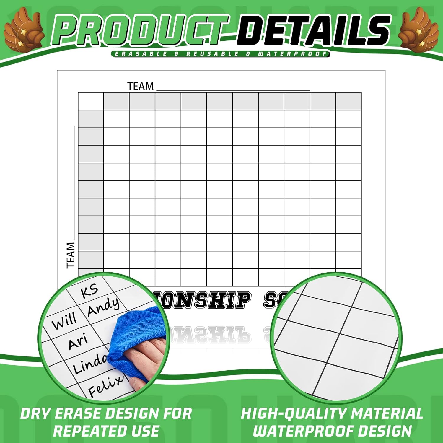 100 Football Squares Board Dry Erase - 24 x 36 Inch Reusable Office Pool Game Poster with Marker & Eraser Cloth - Perfect for Office Parties & Sports Betting