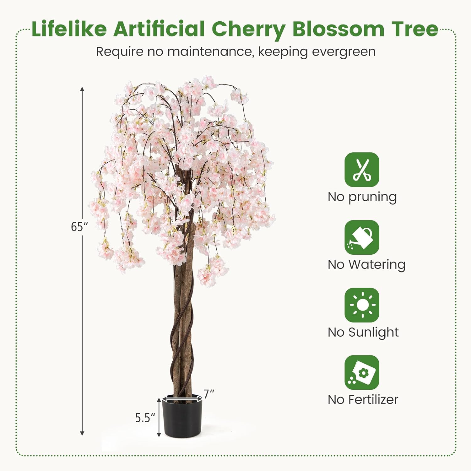 Goplus 5.5FT Artificial Cherry Blossom Tree, Fake Flower Tree, Faux Floral Plant Blooming Tree in Nursery Pot with White Flowers, Tall Potted Artificial Tree for Indoor Home Office Porch Decoration