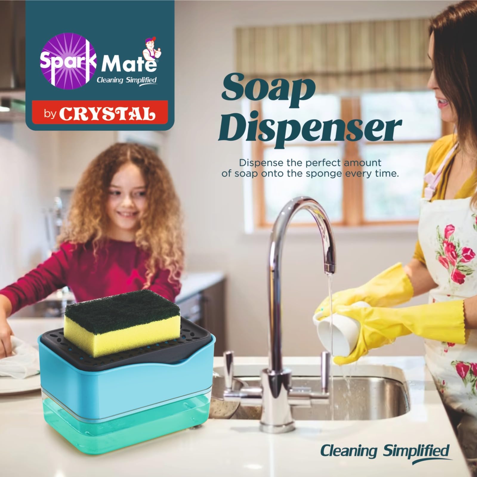 Sparkmate by Crystal Soap Dispenser with Scrub & Sponge Pad 1