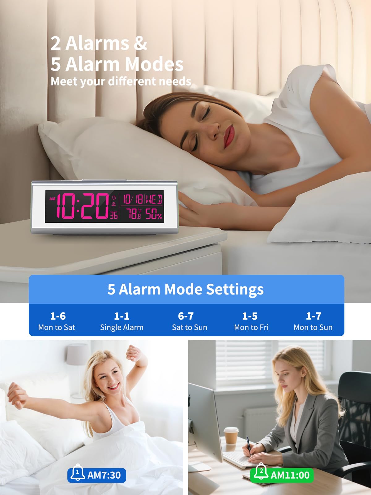 Réveil numérique pour chambre à coucher avec écran LCD, couleur atmosphère, cycle de couleur dégradé, avec affichage de la température et de l'humidité, fonction snooze (blanc)