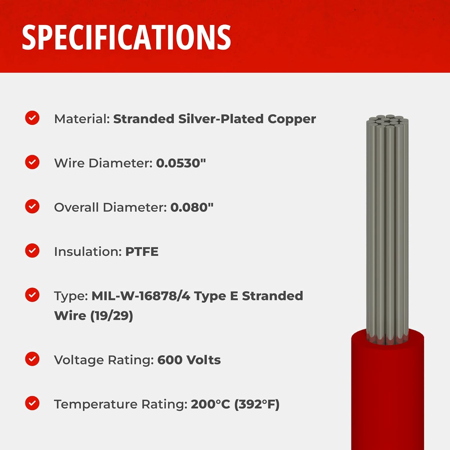 Remington Industries 16PTFESTRWHI25 16 AWG Gauge Stranded Hook Up Wire, 25 feet Length, White, 0.0508 Diameter, PTFE, 600 Volts