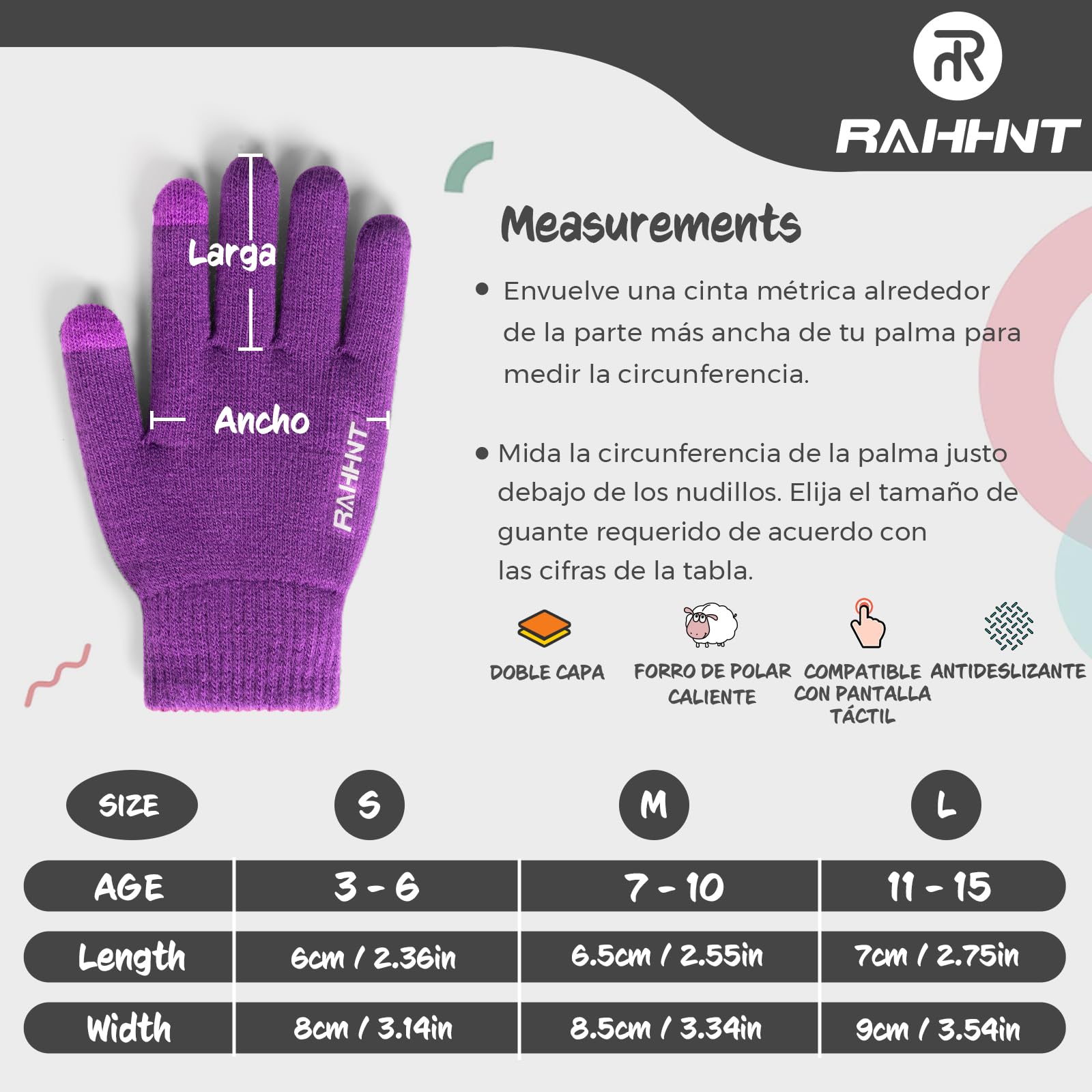 Rahhint Guantes Lana Invierno Termicos para Niños y Niñas 4-15 Años con Punto Pequeños Forro Polar Aislado