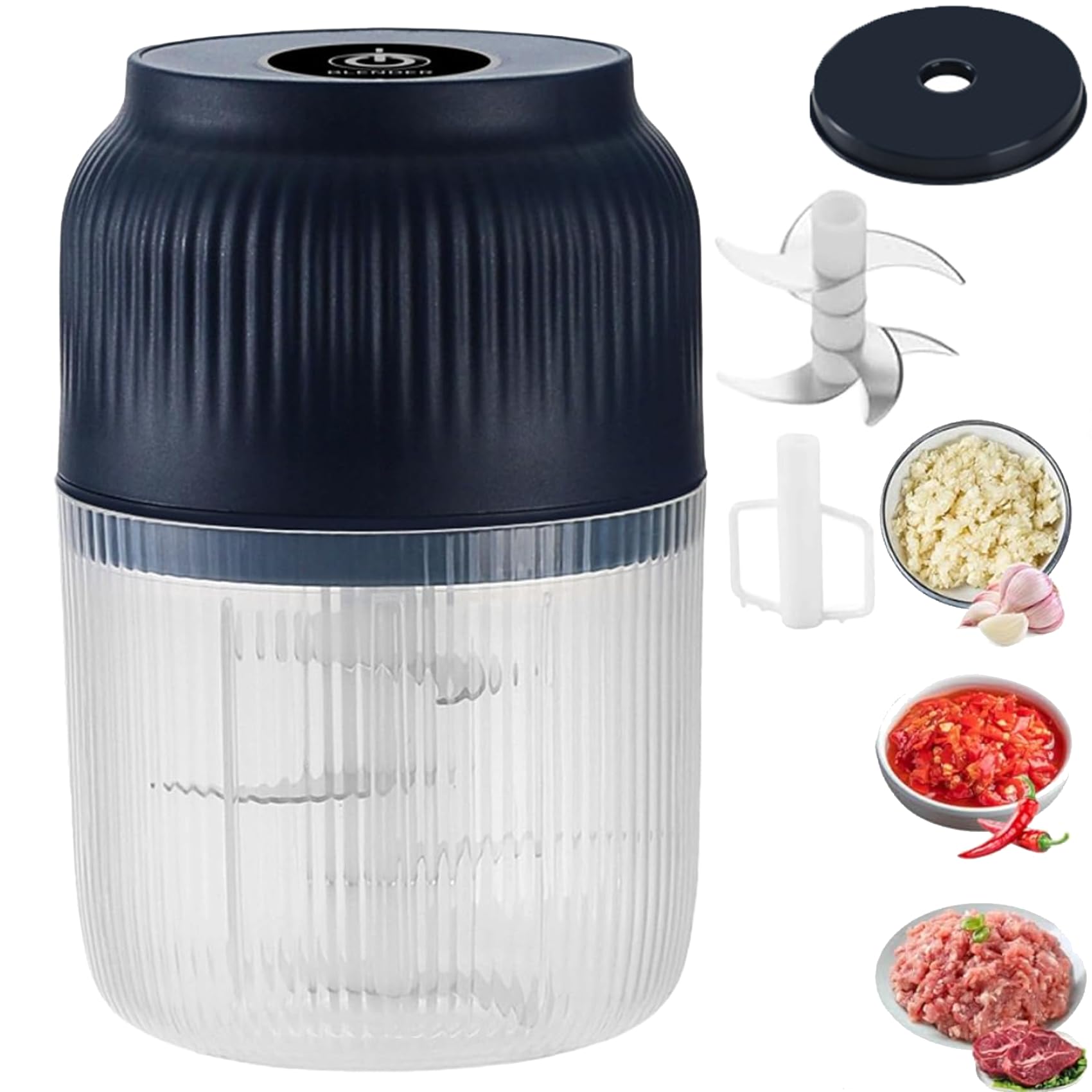 Household Electric Garlic Crusher and Chopper, 350ml Garlic Mincer Electric with Lid, 6 Blades Mini Food Shredder for Garlic, Onion, Ginger, Chili, Spices and Fruit (6 blades blue with egg beater)