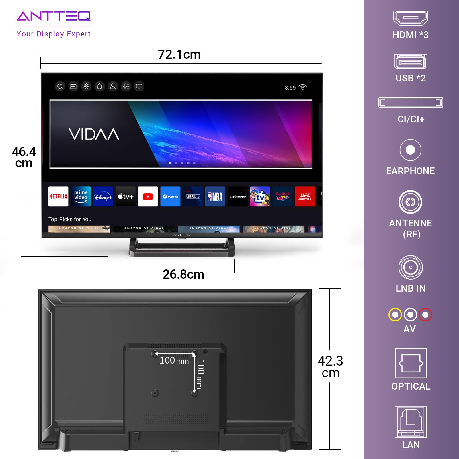 Antteq Smart TV 32 Zoll Bluetooth (Fernseher 80 cm) mit Mittelfuß,Voice Remote Control,HD,Triple Tuner(DVB-T2/S2/C),App Store,DAZN,UVM,WLAN,Hotelmodus (V32-AH3Q1L-BT)